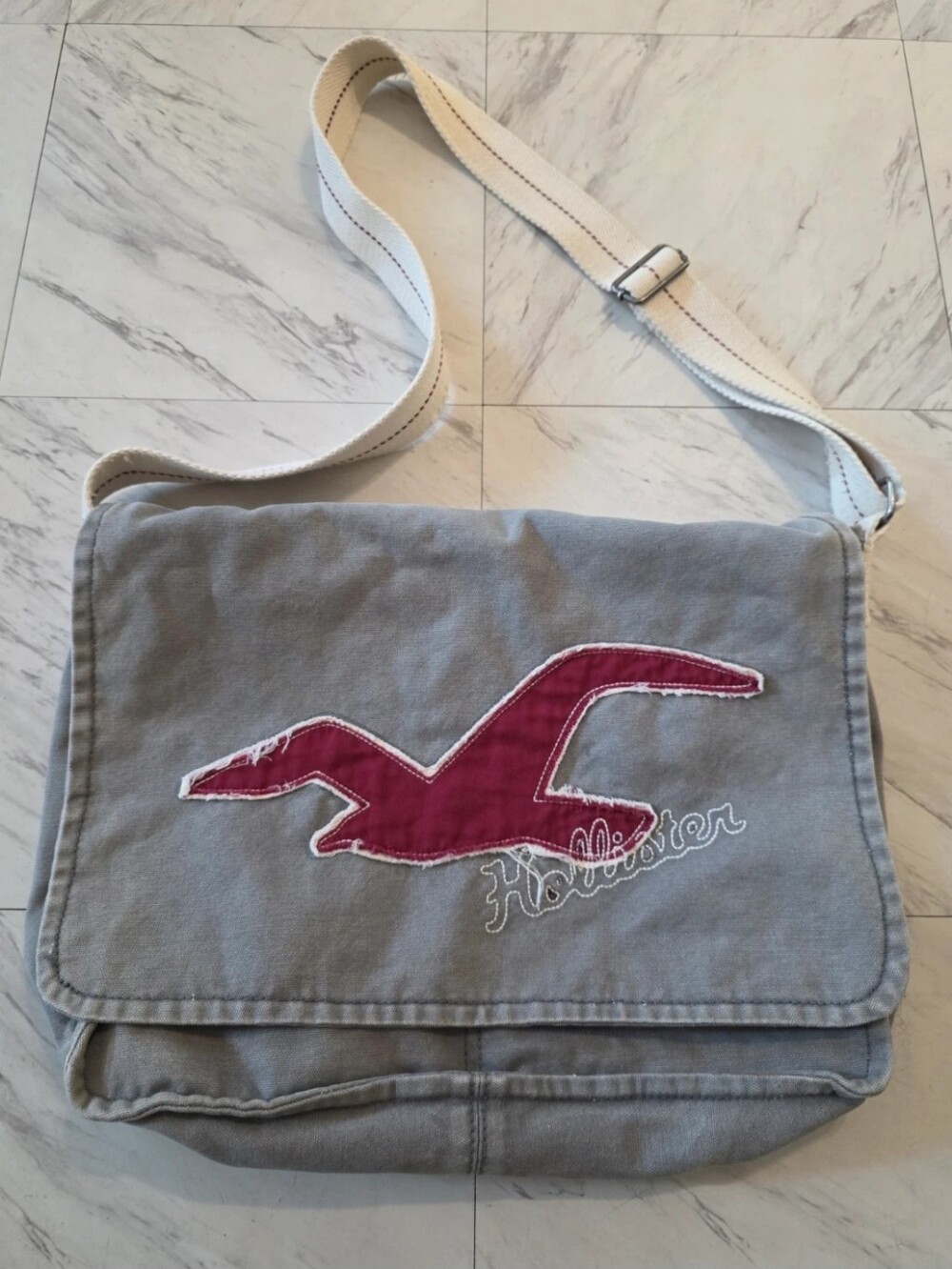 Hollister Gray Canvas Messenger Bag with Pink Logo